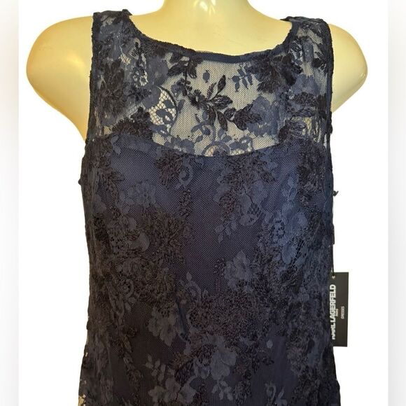 NWT Karl Lagerfeld Navy Floral Lace Maxi Gown - Picture 4 of 12